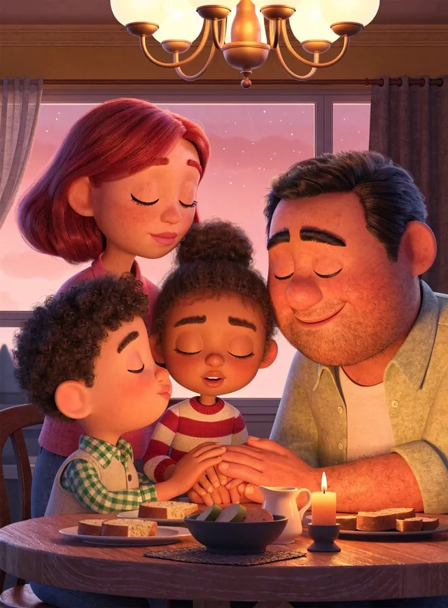 Uma família ora de mãos dadas diante da comida, à luz de uma vela.